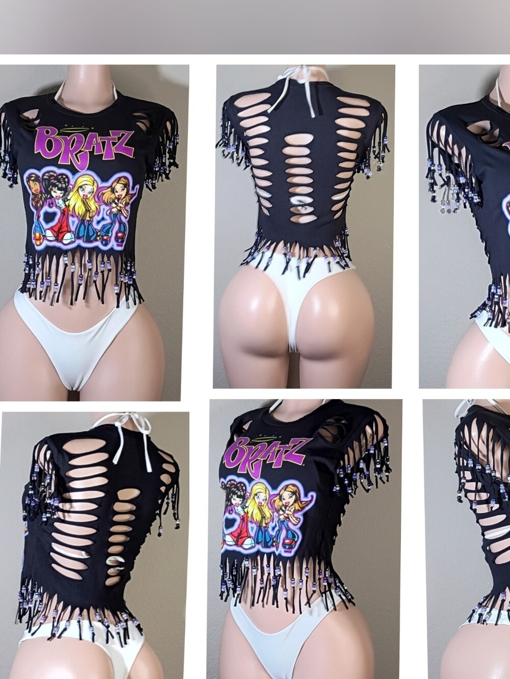 Bratz Graphic Fringe Custom Beaded Tee - Black with Pink & Multicolor Print